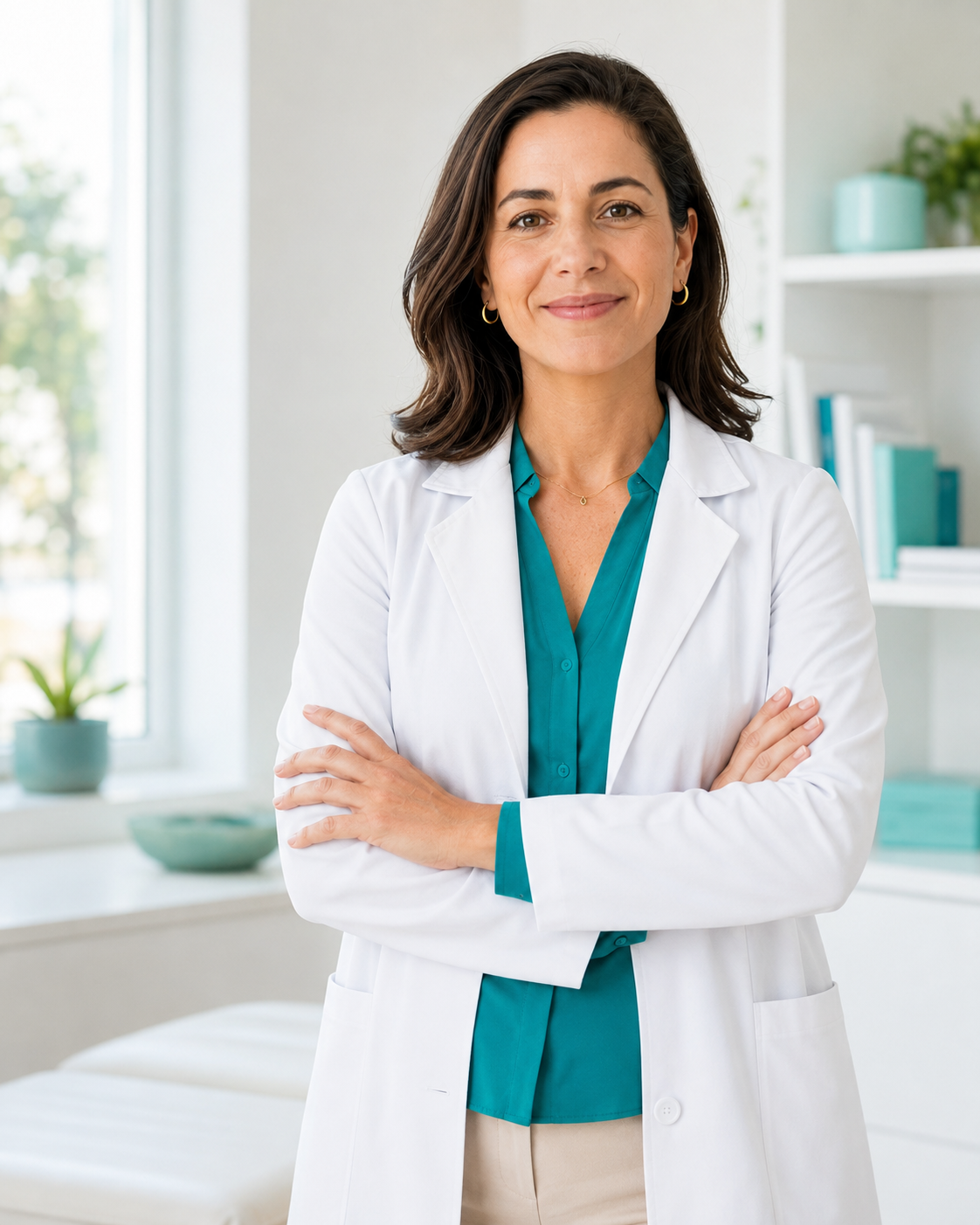 Médica sorridente em um consultório moderno